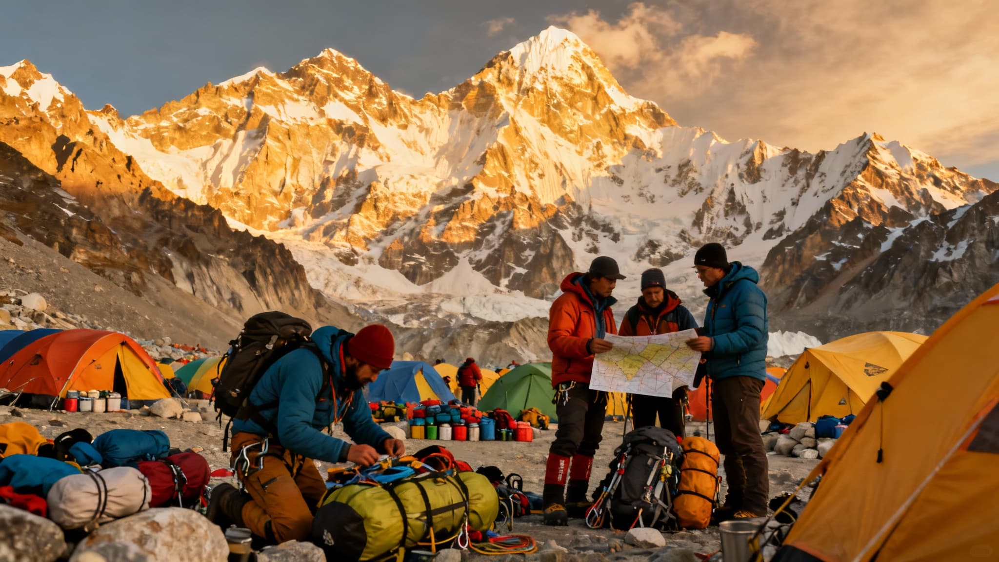 Expedition team coordinating and preparing equipment at mountain base camp