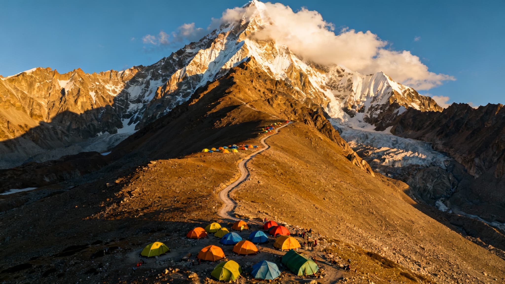 Himalayan mountain expedition route showing multiple camps at different elevations with winding trails