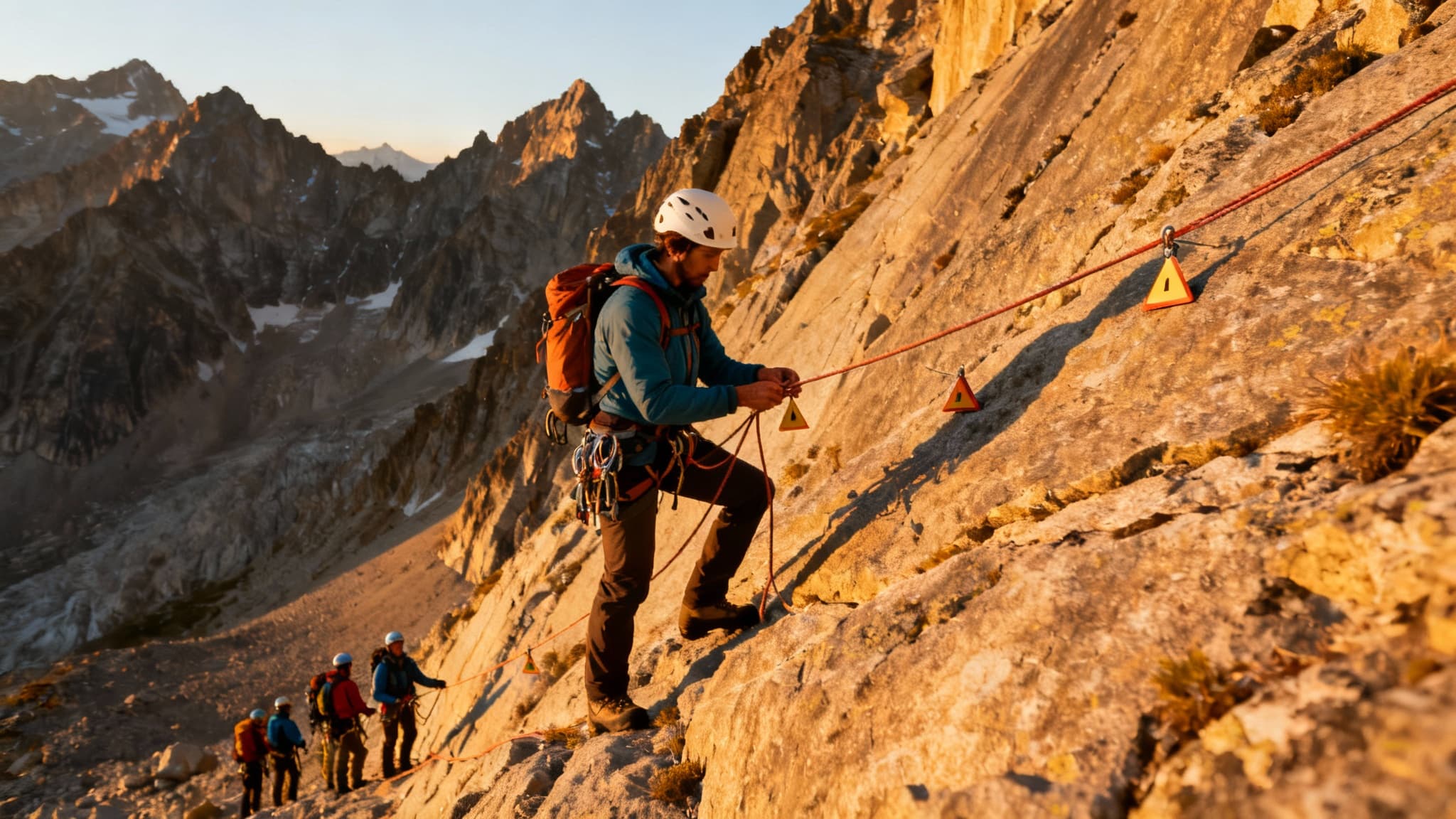 Mountain expedition guides establishing routes and placing markers for team to follow