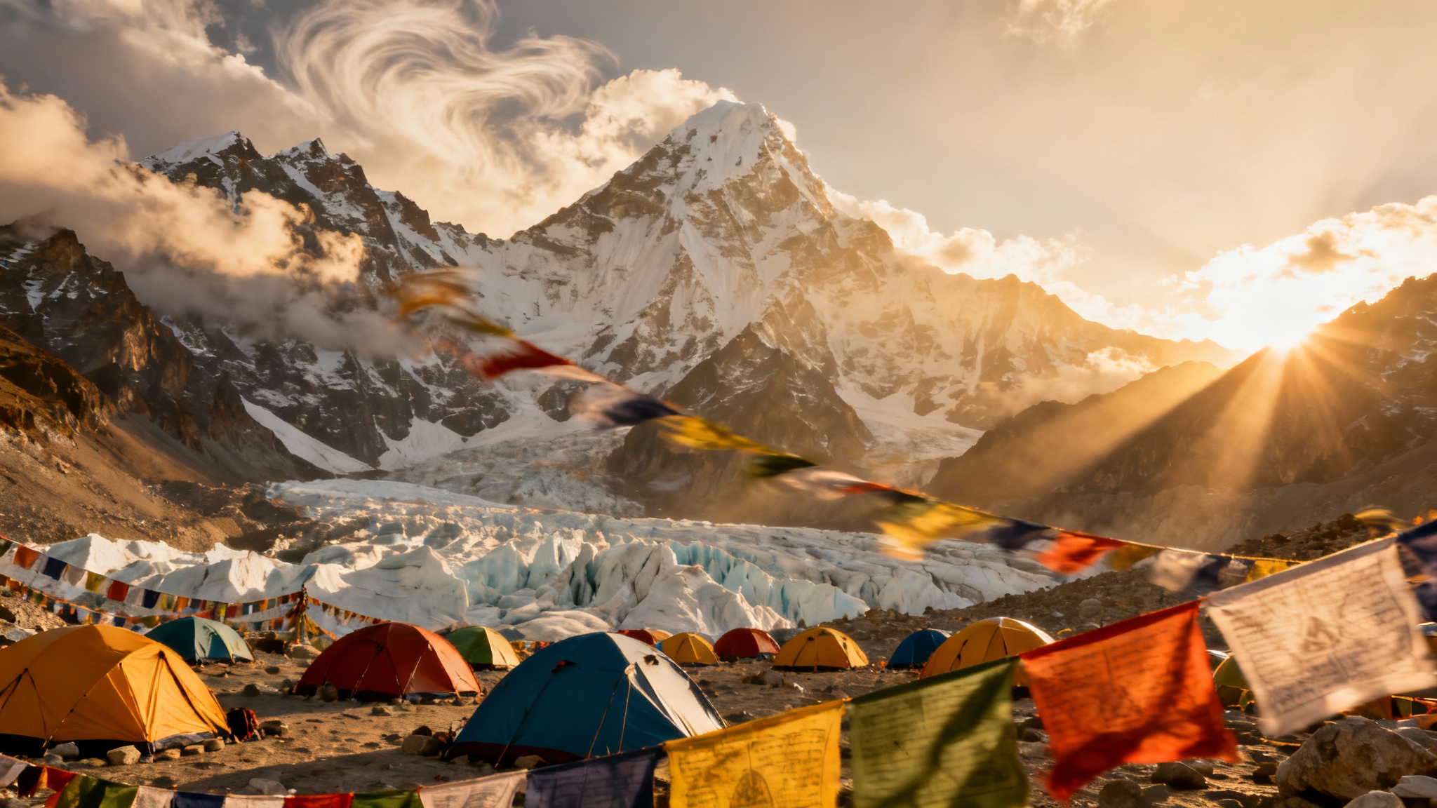 Mount Everest base camp at golden hour with colorful expedition tents, prayer flags, and dramatic mountain peaks