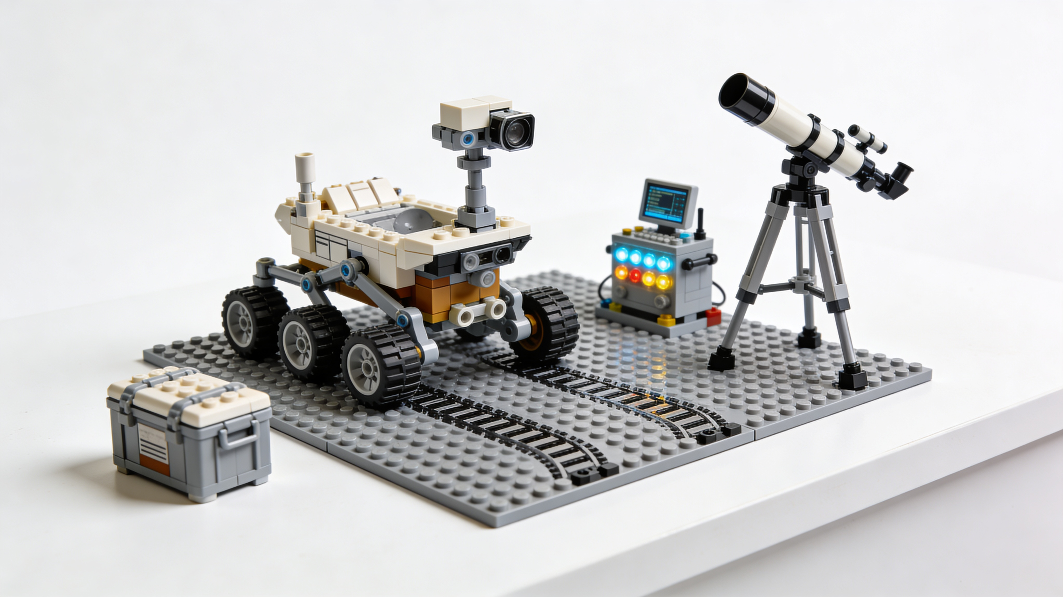 A Lego exploration unit - rover, telescope, computer, and supply crate on a baseplate